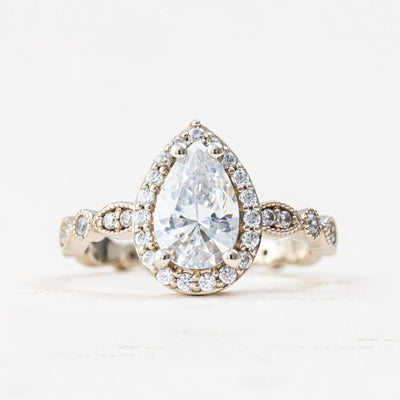 Kate | Yellow, Rose, or White Gold Pear Cut Diamond Engagement Ring With Single Halo And Diamond Vintage Band